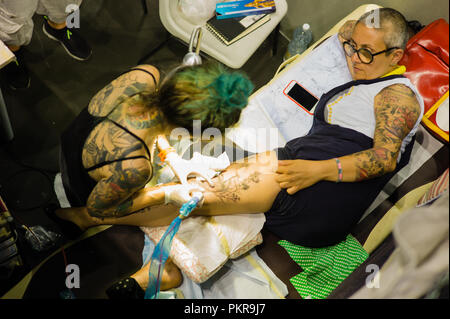 Turin, Italien. 14 Sep, 2018. In Turin ist eine der wichtigsten Tattoo Veranstaltung in Italien statt. Credit: Daniele Baldi/Pacific Press/Alamy leben Nachrichten Stockfoto