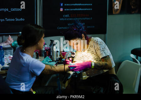 Turin, Italien. 14 Sep, 2018. In Turin ist eine der wichtigsten Tattoo Veranstaltung in Italien statt. Credit: Daniele Baldi/Pacific Press/Alamy leben Nachrichten Stockfoto