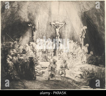 Den gekreuzigten Christus zwischen zwei Dieben (Die Drei Kreuze). Stand: 1653. Medium: kaltnadel und Burin. Museum: Nationalgalerie, Washington DC. Thema: Rembrandt, HARMENSZOON VAN RIJN. REMBRANDT HARMENSZOON VAN RIJN. Rembrandt van Rhijn. Rembrandt (Rembrandt van Rijn). Stockfoto