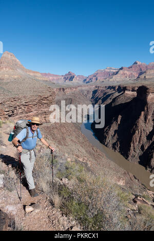 Ein Wanderer auf der Tonto Trail im Grand Canyon National Park mit Blick auf den Colorado River Stockfoto