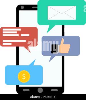 Benachrichtigung auf dem Smartphone, wie, Gehalt, Nachricht. Benachrichtigung Messenger mit Münze und Daumen hoch. Vector Illustration Stock Vektor