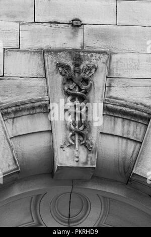 Architektonische Details im kleinen Deutschland, Bradford, West Yorkshire, England. Stockfoto