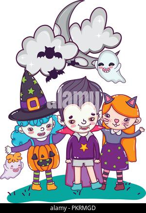 Kinder mit lustigen Kostümen und Geister mit Fledermäusen Stock Vektor