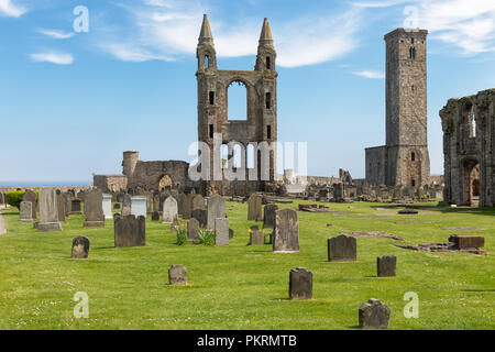 Ruine und Friedhof mit Grabsteinen in der Nähe von St Andrews Cathedral, Schottland Stockfoto