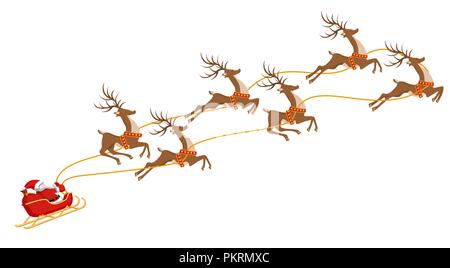 Für das neue Jahr. Weihnachten. Weihnachtsmann auf Schlitten durch sechs Hirsche genutzt. Abbildung in Farbe. Stock Vektor