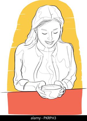 Hand gezeichnet Vektor digitale Abbildung oder Zeichnung einer Frau trinkt eine Tasse Kaffee Stock Vektor