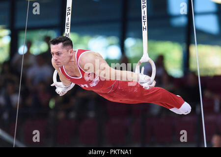 Stuttgart, Deutschland. 15 Sep, 2018. Andreas Toba (Hannover) an der Ringe. GES/Gymnastik/1 WM-Qualifikation, 15.09.2018 - | Verwendung der weltweiten Kredit: dpa/Alamy leben Nachrichten Stockfoto