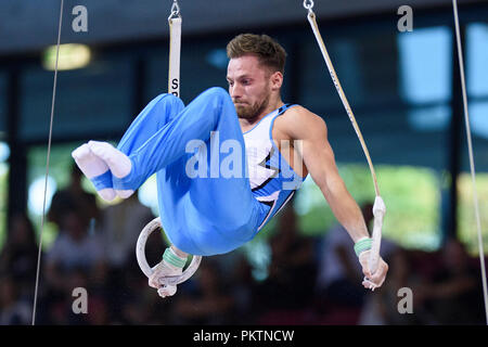 Stuttgart, Deutschland. 15 Sep, 2018. Andreas Bretschneider an den Ringen. GES/Gymnastik/1 WM-Qualifikation, 15.09.2018 - | Verwendung der weltweiten Kredit: dpa/Alamy leben Nachrichten Stockfoto