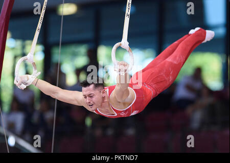 Stuttgart, Deutschland. 15 Sep, 2018. Andreas Toba (Hannover) an der Ringe. GES/Gymnastik/1 WM-Qualifikation, 15.09.2018 - | Verwendung der weltweiten Kredit: dpa/Alamy leben Nachrichten Stockfoto