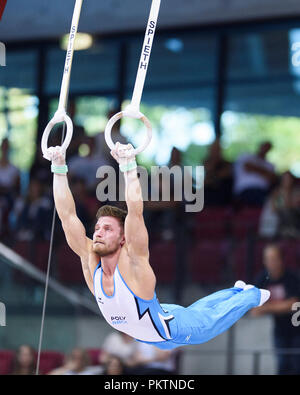 Stuttgart, Deutschland. 15 Sep, 2018. Andreas Bretschneider an den Ringen. GES/Gymnastik/1 WM-Qualifikation, 15.09.2018 - | Verwendung der weltweiten Kredit: dpa/Alamy leben Nachrichten Stockfoto