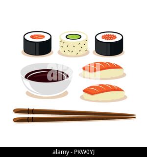 Bunte Sushi Set von verschiedenen Arten Stäbchen mit Sojasoße isoliert Vektor-illustration EPS 10. Stock Vektor