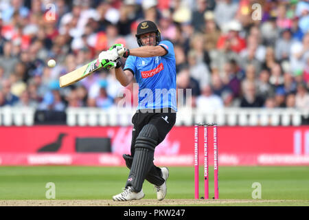 Sussex Haie' Lukas Wright hits sechs während der Vitalität T20 Blast Semi Final Match auf der Finale Tag bei Edgbaston, Birmingham. Stockfoto