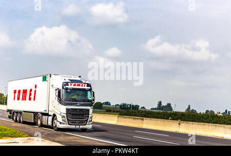 FAENZA (RA), 15. SEPTEMBER 2018: Das Fahrzeug mit der TOMEI Logo bewegt sich schnell auf der Autobahn Stockfoto