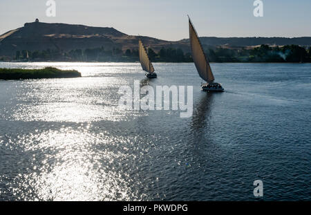 Silhouetten der traditionellen Feluke segeln Boote bei Sonnenuntergang im Nil mit Blick über den Fluss nach Westen riverbank, Assuan, Ägypten, Afrika Stockfoto