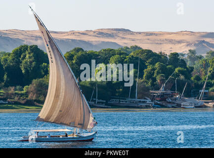 Die traditionellen Feluke segeln Boote, der Nil mit Bäumen am Flussufer und Wüste Felsen im Abstand in der Dämmerung Licht, Assuan, Ägypten, Afrika Stockfoto