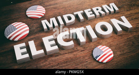 Die amerikanischen Wahlen Konzept. USA-Flagge Pin Button/Badge und midterm Wahlen auf hölzernen Hintergrund, 3D-Darstellung. Stockfoto