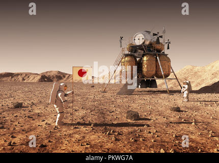 Astronauten eine japanische Flagge auf dem Planeten Mars. 3D-Darstellung. Stockfoto