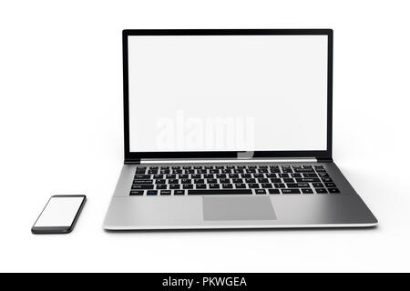 3D-Illustration desktop computer leer Mock up. Glänzend laptop Mock up. Moderne Computer mock up. Perfekt detaillierte Smartphone mock up in der nähe von Co Stockfoto