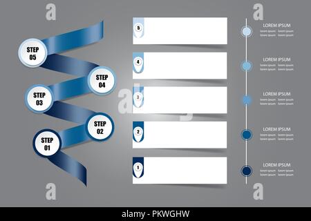 Infografik Präsentation der blauen Metallspirale, die fünf Schritte des Prozesses, 5 leeren weißen Noten bereit für Ihren Text und Zeitplan für die fünf Schritte der Stock Vektor
