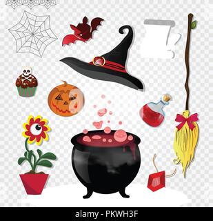 Rot halloween Cartoon set verschiedener Objekte für Hexen auf transparentem Hintergrund isoliert. Vector Icons, Clip Art, Elemente für Magie Hexerei. Po Stock Vektor
