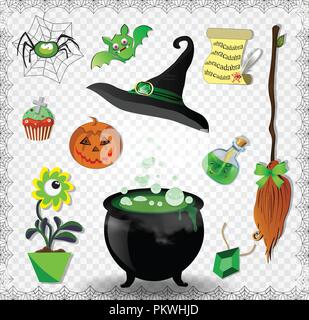 Hexe grün Zubehör Vektor einrichten. Hut, Kessel hingewiesen, Kürbis jack, Besen, Fledermaus, Spinne, trank die Flasche, Werk, cupcake, Zauber scrollen, Amulett Stock Vektor