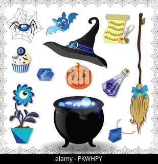 Hexe blau Zubehör Vektor einrichten. Hut, Kessel, Kürbis, Besen, Fledermaus, Spinne hingewiesen, trank die Flasche, Werk, cupcake, Zauber scrollen, Amulett isolat Stock Vektor