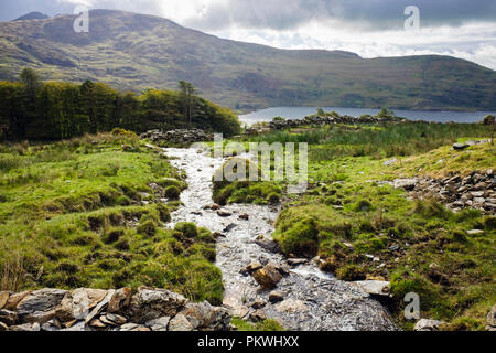 Stream und Llyn Cwmystradllyn Behälter unter Moel Ddu Hang in Snowdonia National Park. Porthmadog, Gwynedd, Wales, Großbritannien, Großbritannien Stockfoto