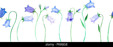 Nahtlose wiederholbare Glockenblume aquarell Rand auf weißem Hintergrund Stockfoto