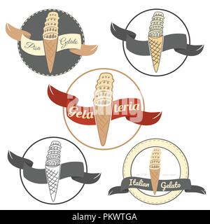Pisa Eis Logo auf weißem Hintergrund. Italienischen gelateria Abzeichen Sammlung für Ihr Design. Pisa auf der Spitze von Waffeln Kegel. Stock Vektor