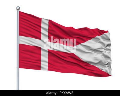 Dänemark State Flag am Fahnenmast, isoliert auf weißem Hintergrund, 3D-Rendering Stockfoto