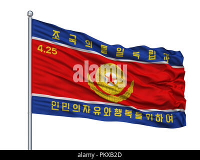 Koreanische Volksarmee Masse Kraft Flagge am Fahnenmast, isoliert auf weißem Hintergrund, 3D-Rendering Stockfoto