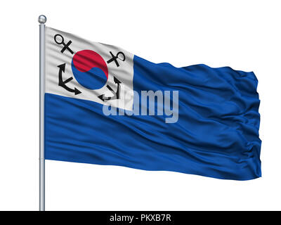 Südkorea Naval Jack Flagge am Fahnenmast, isoliert auf weißem Hintergrund, 3D-Rendering Stockfoto