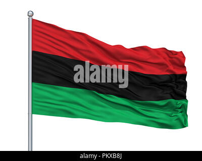 Panafrikanische Unia Afro-amerikanische Befreiung der schwarzen Flagge am Fahnenmast, isoliert auf weißem Hintergrund, 3D-Rendering Stockfoto