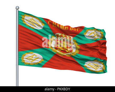 Bulgarien war Flagge am Fahnenmast, isoliert auf weißem Hintergrund, 3D-Rendering Stockfoto