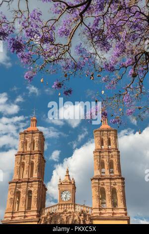 Parroquia Nuestra Señora de Dolores Katholische Kirche in englischer Sprache der Kirche Unserer Lieben Frau der Schmerzen in der Plaza Principal mit blühenden Jacaranda Baum in Dolores Hidalgo, Guanajuato, Mexiko. Miguel Hildago war ein Pfarrer, der inzwischen weltberühmten Grito - ein Ruf zu den Waffen für mexikanische Unabhängigkeit von Spanien ausgestellt. Stockfoto