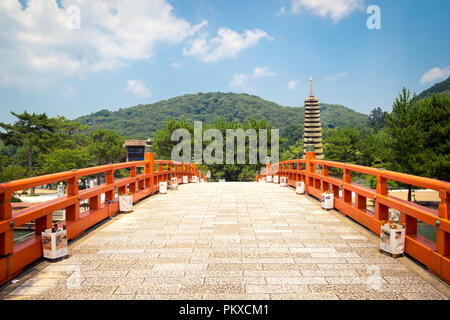 Die Kisenbashi (kisen-bashi, Kisen) Brücke und den 13-tiered Stein Pagode (Jusanju Sekito) auf Tonoshima (Tono-shima) Insel in Uji, Japan. Stockfoto