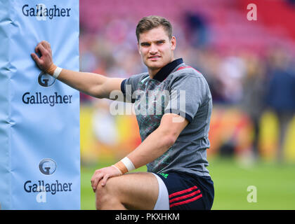 London, Großbritannien. 15. September 2018. James Lang der Harlekine in der Pre match Aufwärmen während Gallagher Premiership Übereinstimmung zwischen Harlekine und Badewanne in Twickenham Stoop am Samstag, den 15. September 2018. LONDON ENGLAND. (Nur redaktionelle Nutzung, eine Lizenz für die gewerbliche Nutzung erforderlich. Keine Verwendung in Wetten, Spiele oder einer einzelnen Verein/Liga/player Publikationen.) Credit: Taka Wu/Alamy leben Nachrichten Stockfoto