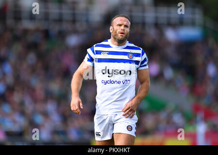 London, Großbritannien. 15. September 2018. Jamie Roberts der Badewanne während Gallagher Premiership Übereinstimmung zwischen Harlekine und Badewanne in Twickenham Stoop am Samstag, den 15. September 2018. LONDON ENGLAND. (Nur redaktionelle Nutzung, eine Lizenz für die gewerbliche Nutzung erforderlich. Keine Verwendung in Wetten, Spiele oder einer einzelnen Verein/Liga/player Publikationen.) Credit: Taka Wu/Alamy leben Nachrichten Stockfoto