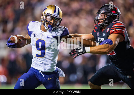 Salt Lake City, USA. 15. September 2018. Washington Huskies laufen zurück Myles Gaskin (9) während der NCAA College Football Spiel zwischen Washington und Utah am Samstag September 15, 2018 am Reis - Eccles Stadium in Salt Lake City, UT. Jakob Kupferman/CSM Credit: Cal Sport Media/Alamy leben Nachrichten Stockfoto