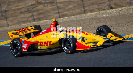 Kalifornien, USA. 15 Sep, 2018. A: Andretti Autosport Fahrer Ryan Hunter-Reay (28) hit Höchstgeschwindigkeit von 110.681 während der GoPro Grand Prix von Sonoma Verizon Indycar Praxis an der Sonoma Raceway Sonoma, Ca Thurman James/CSM/Alamy leben Nachrichten Stockfoto