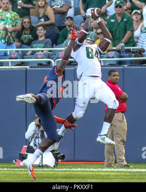 Chicago, USA. 15. September 2018. South Florida Bulls wide receiver Randall St. Felix (84) geht es mit einem langen fangen, während Sie durch Illinois Fighting Illini Defensive zurück Jartavius Martin (21) während der NCAA Football Spiel zwischen der Universität von Illinois Fighting Illini der Universität von South Florida Bulls am Soldat-Feld in Chicago, IL Credit: Cal Sport Media/Alamy Leben Nachrichten vs abgedeckt Stockfoto