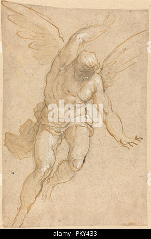 Ein fliegender Engel. Stand: 1580/1590. Abmessungen: Insgesamt (ca.): 27,4 x 17,4 cm (10 13/16 x 6 7/8 in.). Medium: Stift und brauner Tinte, verstärkt mit den weißen, über schwarze Kreide auf Bütten. Museum: Nationalgalerie, Washington DC. Autor: Jacopo Palma il Giovane. Stockfoto