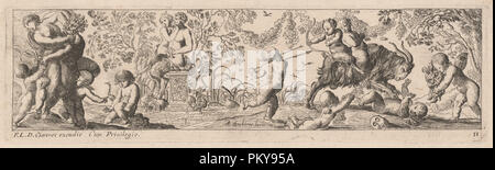 Putti und Satyrn Pfeile. Stand: 1626. Abmessungen: Platte: 7,7 × 25,4 cm (3 1/8 x 10 in.) Blatt: 8,3 × 26,8 cm (3 1/4 x 10 9/16 in.). Medium: Radierung auf Bütten. Museum: Nationalgalerie, Washington DC. Autor: Pierre Brebiette. Stockfoto