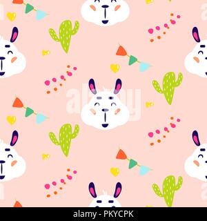 Happy llama lächelnd kid Vector nahtlose Muster wiederholen mit Kakteen. Stock Vektor