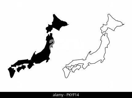 Vereinfachte Karten von Japan. Schwarze und weiße Umrisse. Stock Vektor