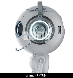 3D-Rendering mini Roboter tragen Headset auf weißem Hintergrund Stockfoto