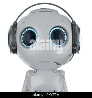3D-Rendering mini Roboter tragen Headset auf weißem Hintergrund Stockfoto