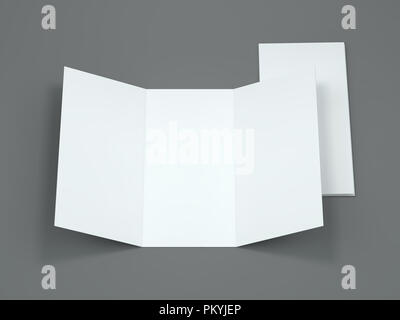 Weiße Vorlage Faltblatt auf grauem Hintergrund. Mockup. 3D-Rendering Stockfoto