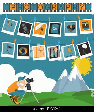 Fotografie Infografiken mit Foto, Kamera Ausrüstung. Vector Illustration Stock Vektor