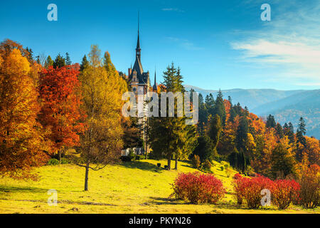 Die beste touristische Ziel in Rumänien, berühmten Schloss Peles und Garten mit bunten Pflanzen, Sinaia, Siebenbürgen, Rumänien, Europa Stockfoto